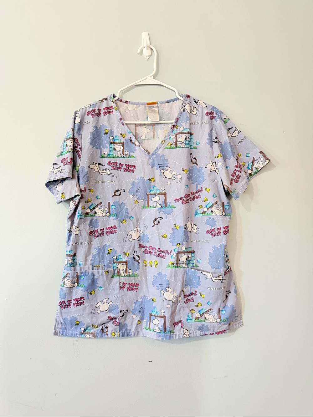 Peanuts Light Blue V-Neck Scrub Top with Snoopy Print